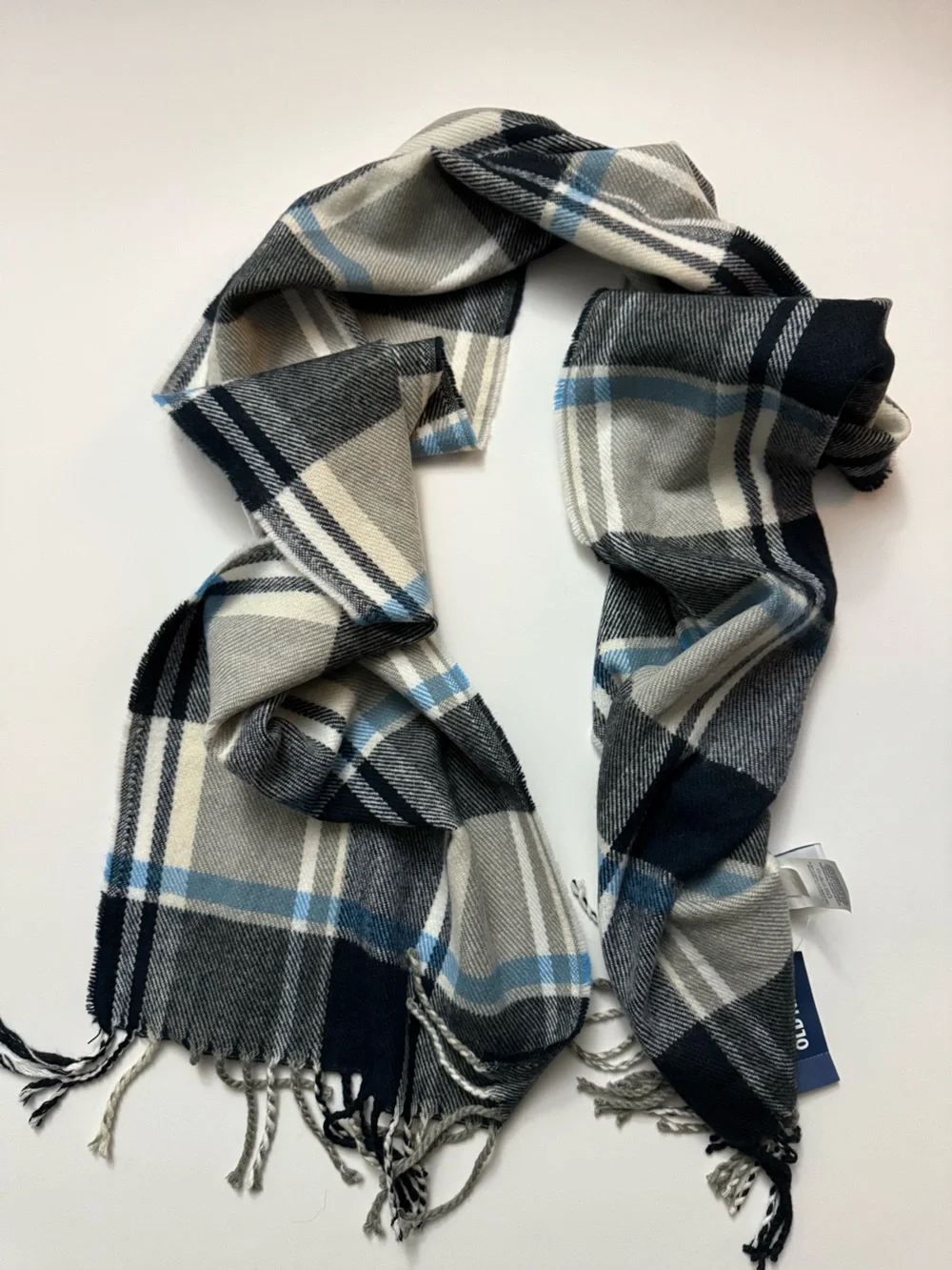 Old Navy Black Gray Blue Plaid Fringe Scarf
